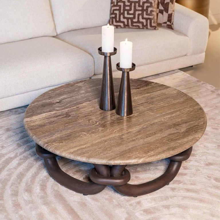 Chainey Coffee Table - Round - Ash Brown - Travertine and Mango Wood