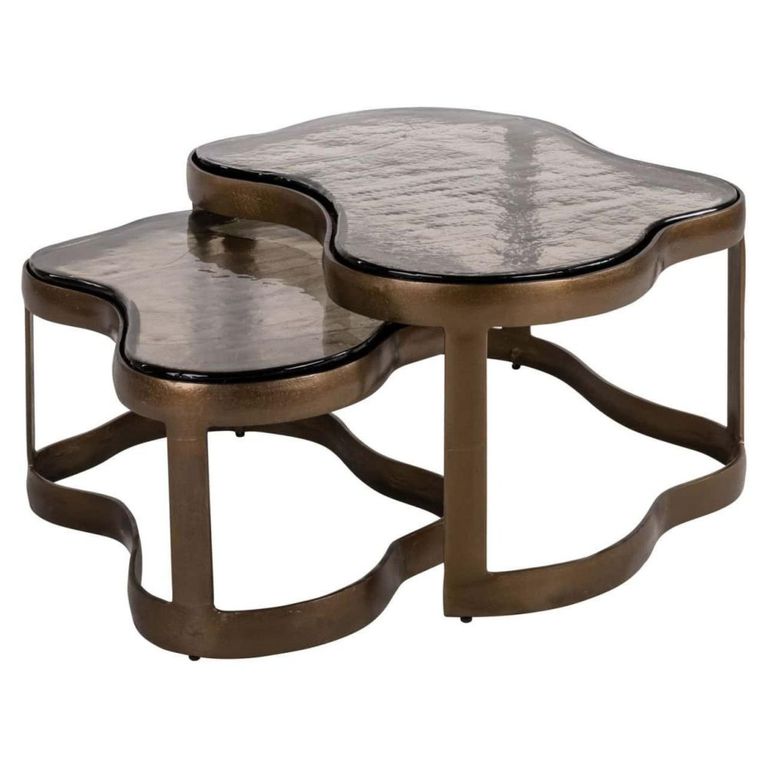 Fairfield Coffee Table - Set of 2 - Abstract - Antique Brass - Glass and Metal