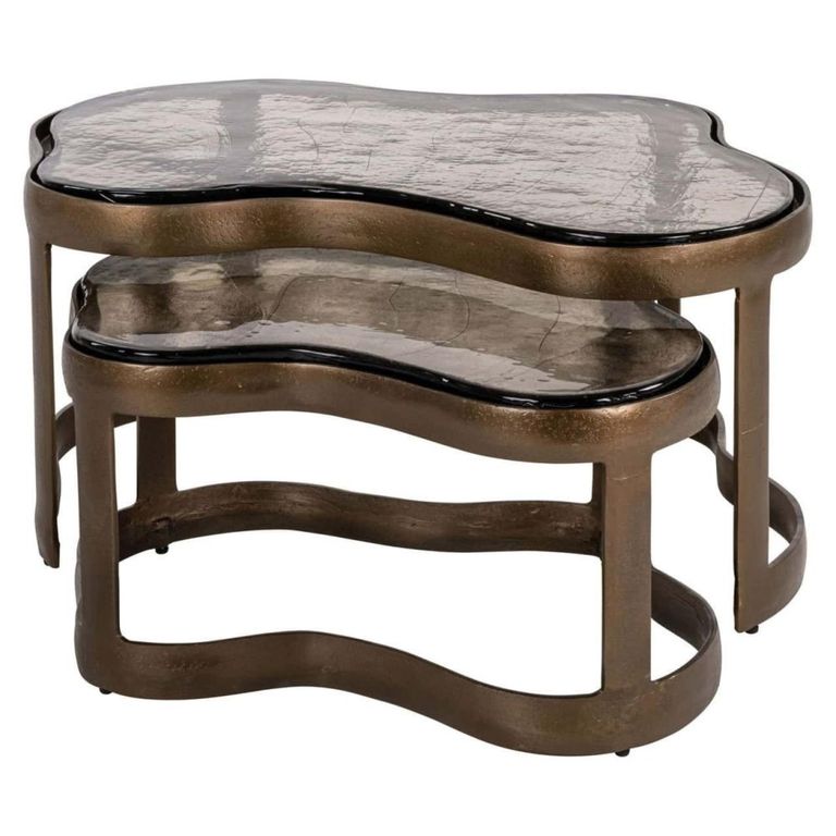 Fairfield Coffee Table - Set of 2 - Abstract - Antique Brass - Glass and Metal