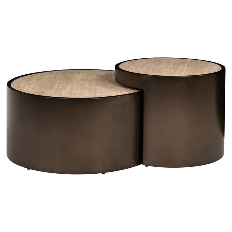 Ronson Coffee Table - Set of 2 - Round - Beige - Travertine and Metal