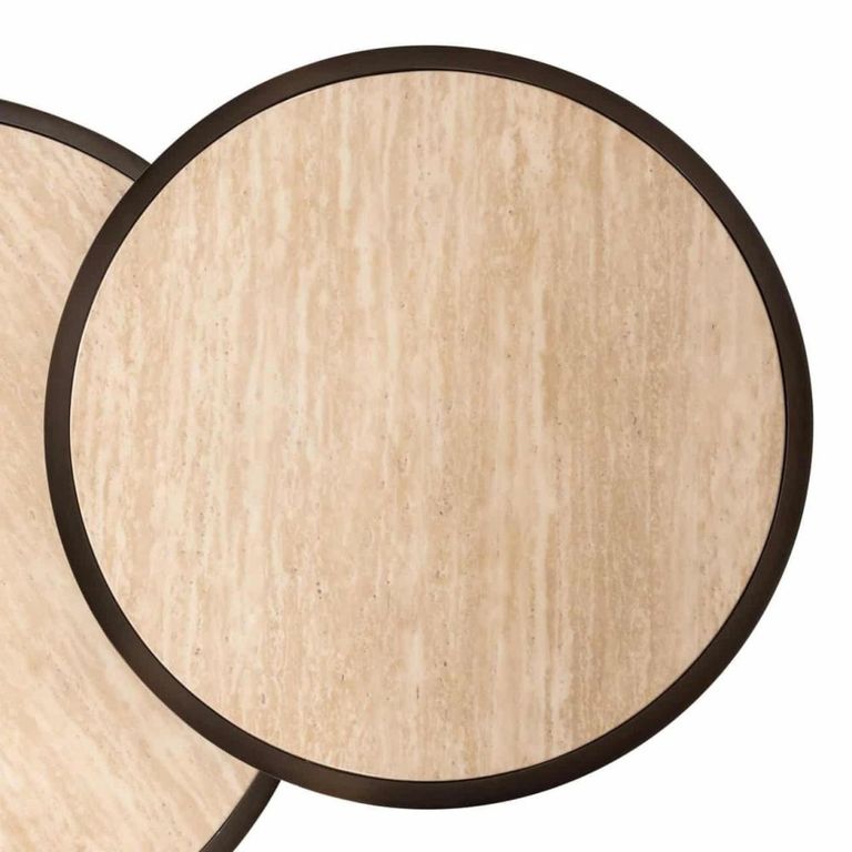 Ronson Coffee Table - Set of 2 - Round - Beige - Travertine and Metal