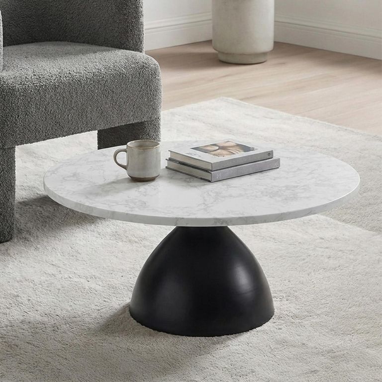 Hazel Coffee Table - Round - Column Base - White and Black - Marble Effect and Metal