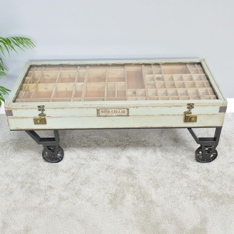 Coffee Table - 1 Door - on Wheels - Glass and Recycled Wood