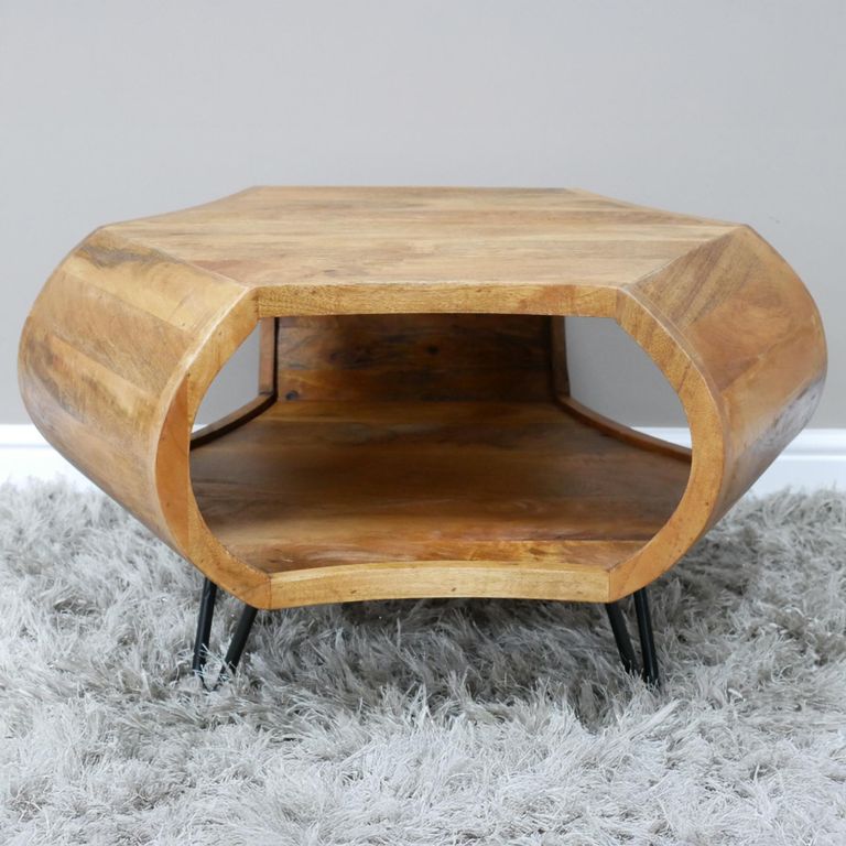 Coffee Table - with Hairpin Leg - Hexagon - Rustic - Mango Wood and Metal