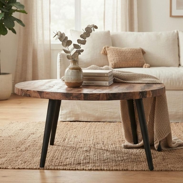 Bassano Coffee Table - Round - Natural and Black - Recycled Wood and Metal