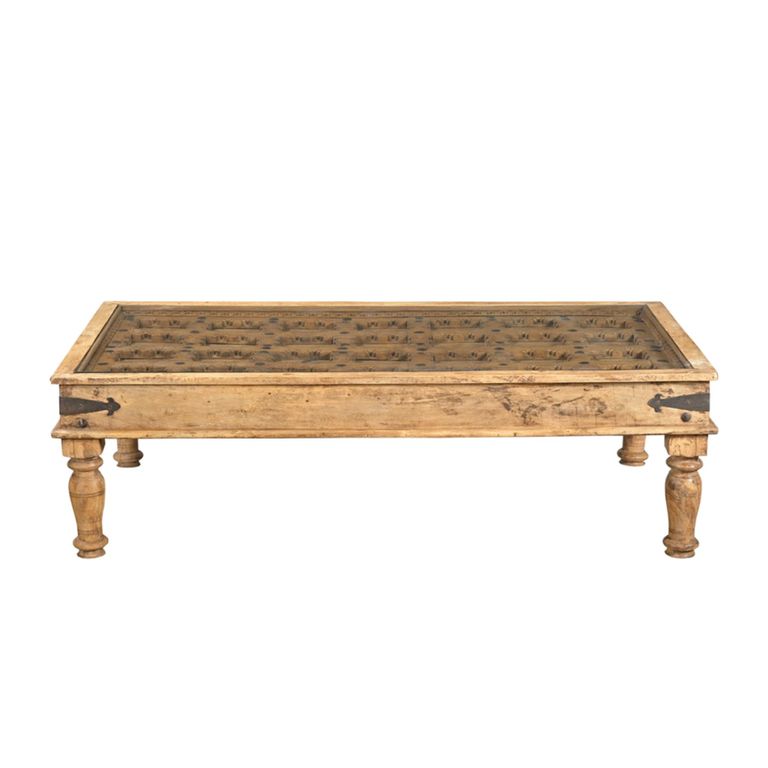 Hand Carved Coffee Table - Rustic - Brown - Glass and Wooden