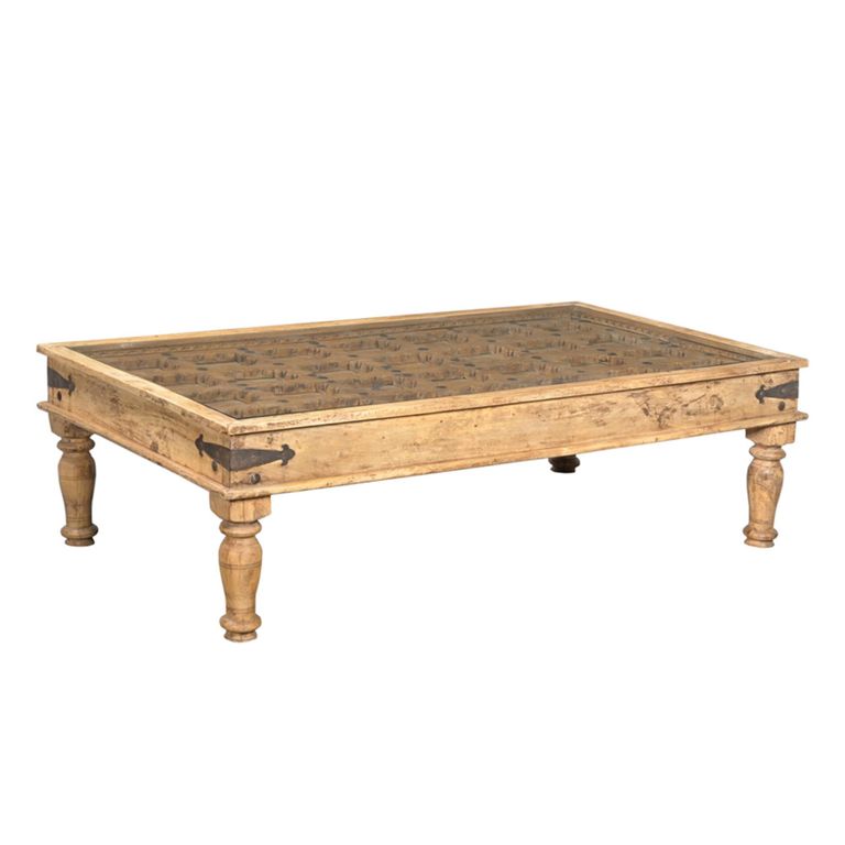 Hand Carved Coffee Table - Rustic - Brown - Glass and Wooden
