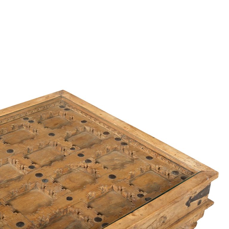 Hand Carved Coffee Table - Rustic - Brown - Glass and Wooden