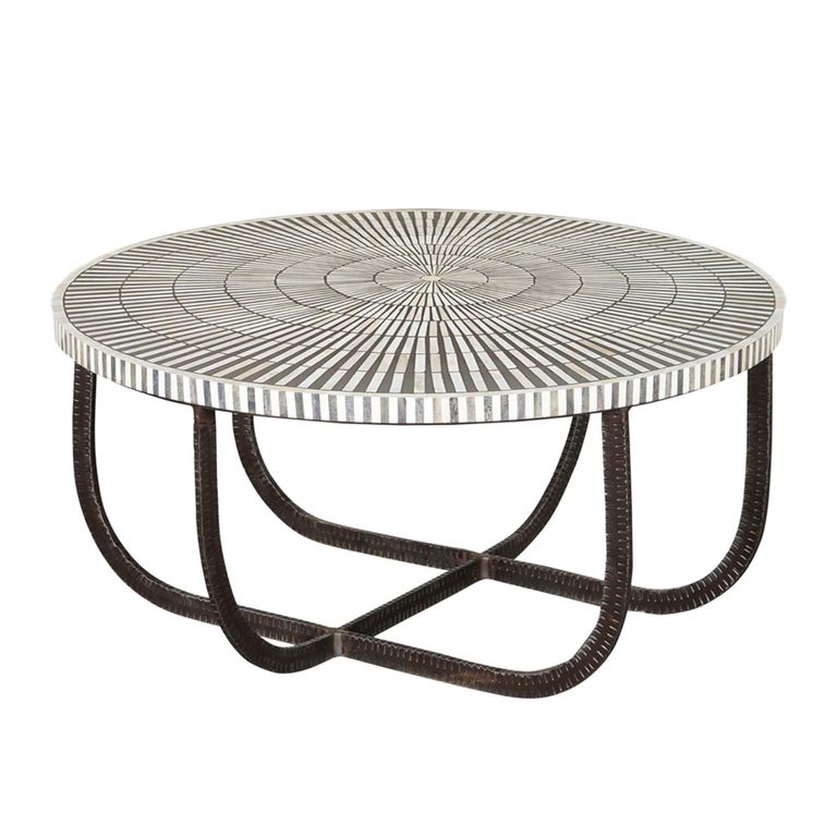 Hammond Coffee Table - Round - Radial Sunburst - White - Bone Inlay and Metal