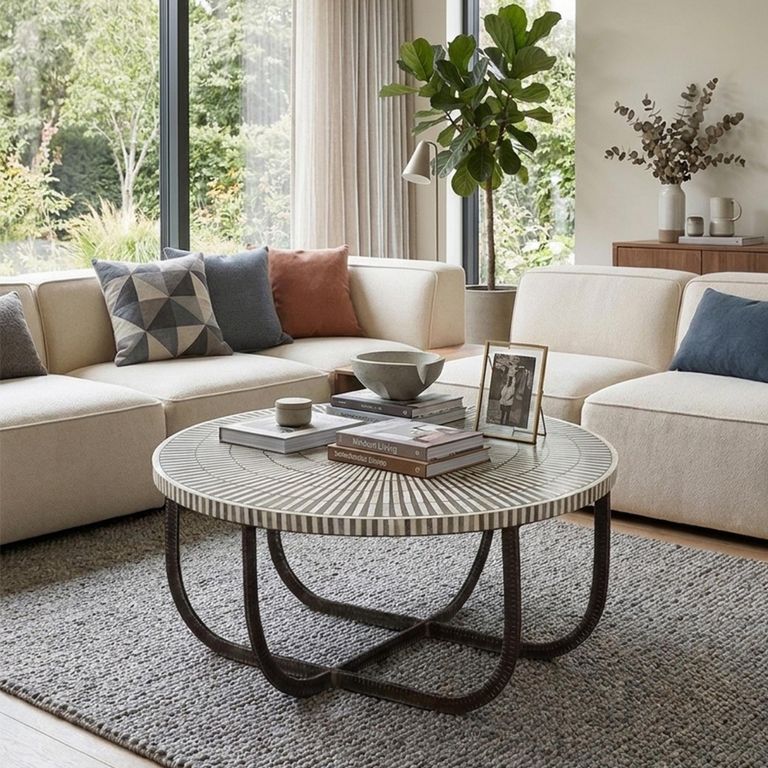 Hammond Coffee Table - Round - Radial Sunburst - White - Bone Inlay and Metal