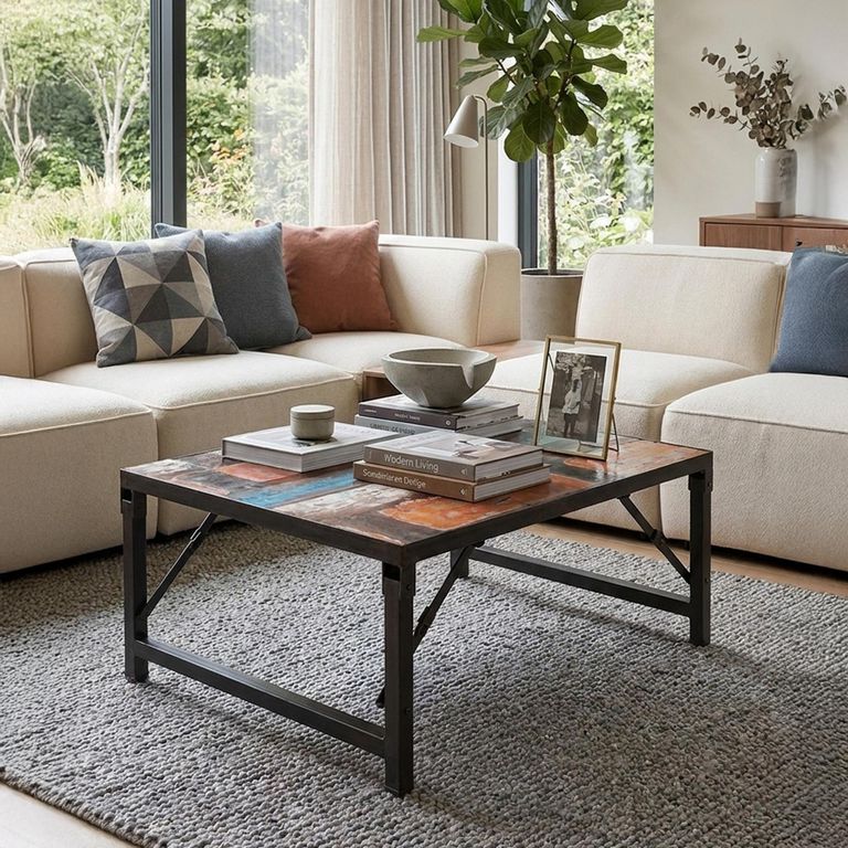 Industrial Coffee Table - Multi Colored - Teak Wood and Metal