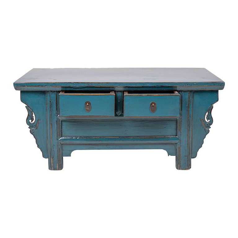 Unique One of a Kind - Coffee Table - 2 Drawer - Distressed Turquoise Blue - Lacquered Pine