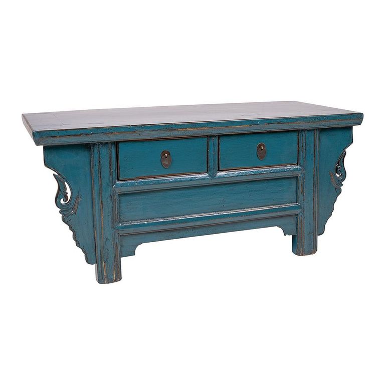Unique One of a Kind - Coffee Table - 2 Drawer - Distressed Turquoise Blue - Lacquered Pine