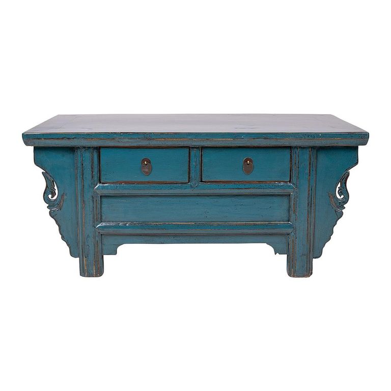 Unique One of a Kind - Coffee Table - 2 Drawer - Distressed Turquoise Blue - Lacquered Pine