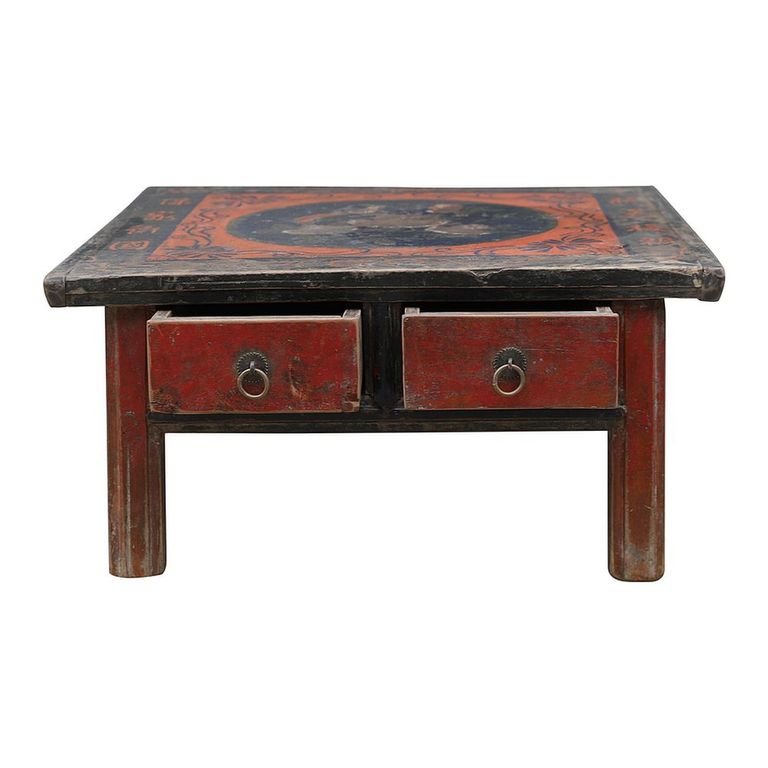 Hand Painted Coffee Table - 2 Drawer - Distressed Red and Black - Solid Wood