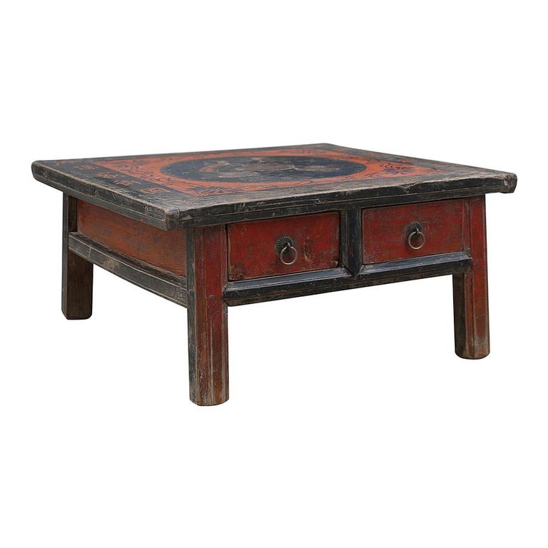 Hand Painted Coffee Table - 2 Drawer - Distressed Red and Black - Solid Wood