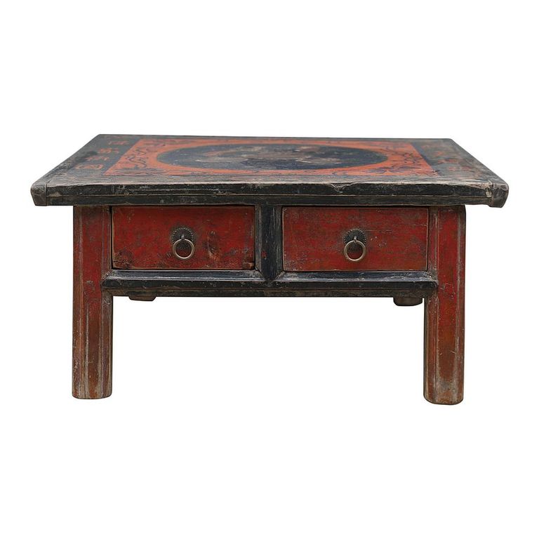 Hand Painted Coffee Table - 2 Drawer - Distressed Red and Black - Solid Wood