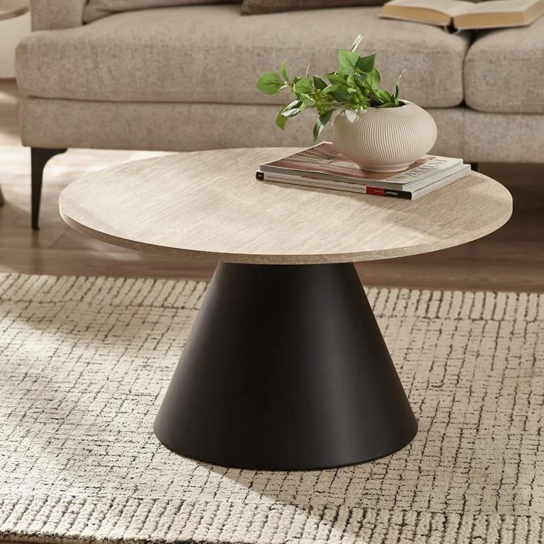 Elgon Coffee and Lamp Table Set - Round - Brown and Black - Travertine Effect and Metal