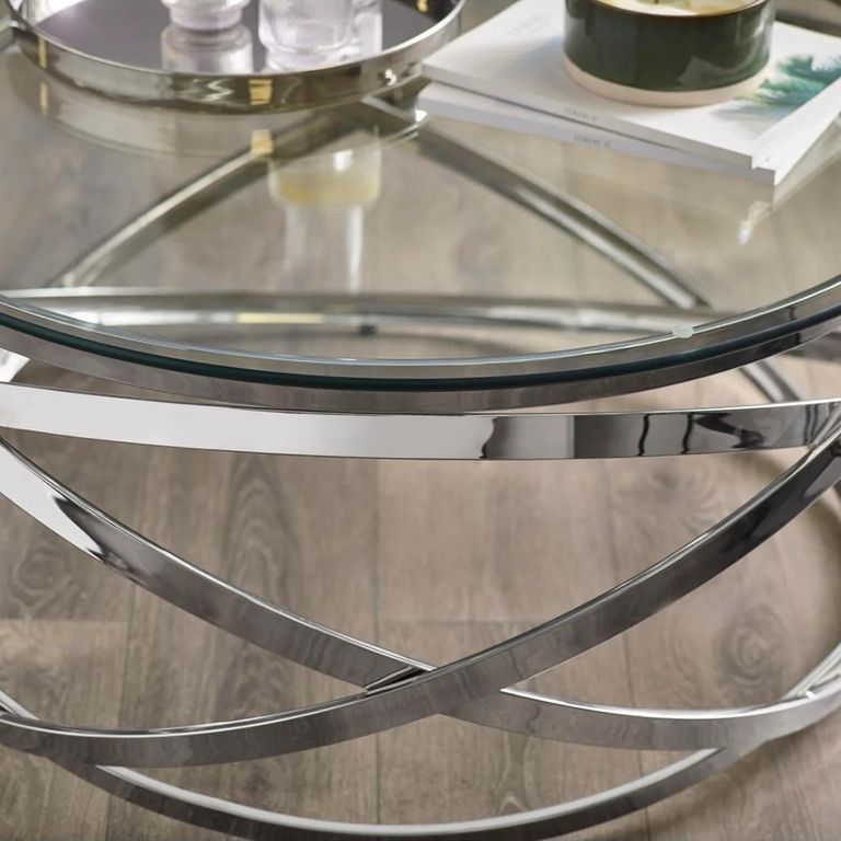 Vienna Coffee Table - Round - Swirl Base - Silver - Glass and Metal