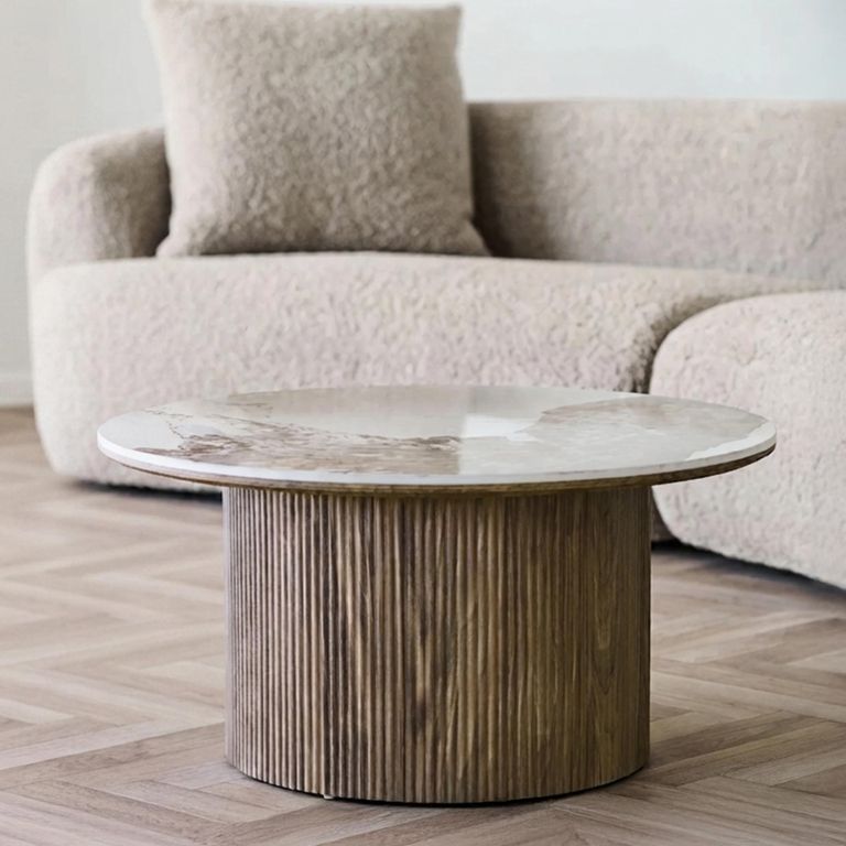 Athens Coffee Table - Round - Fluted Base - White and Brown - Ceramic and Wooden