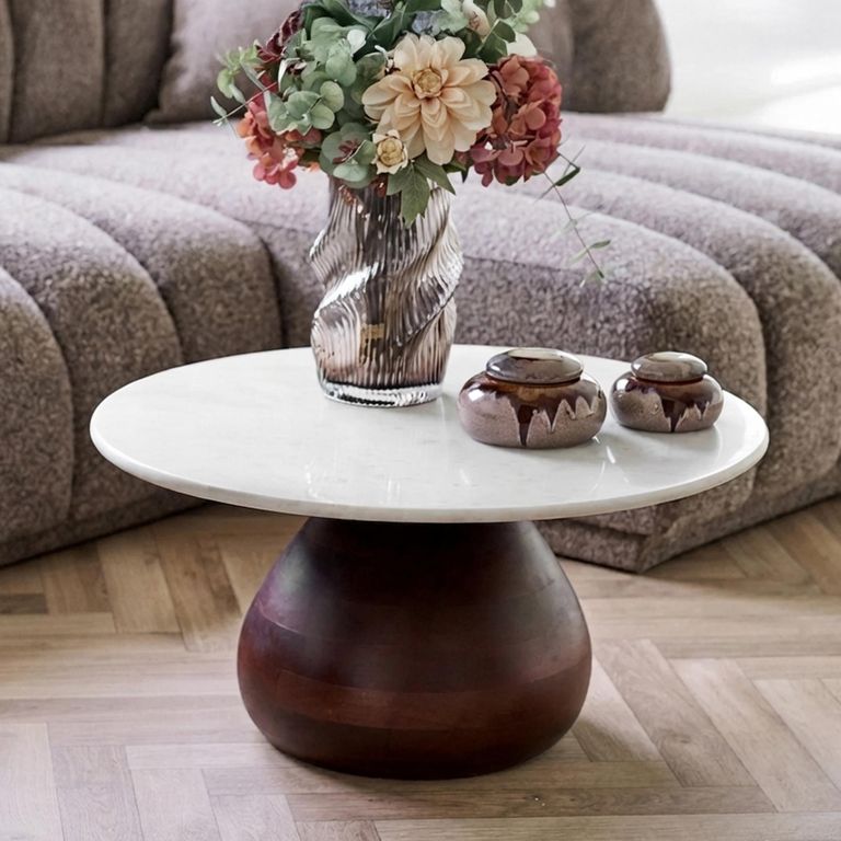Heide Coffee Table - Round - White and Dark Brown - Marble and Mango Wood