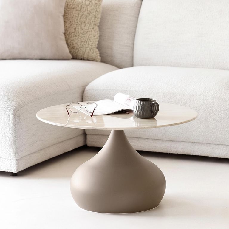 Pienza Coffee Table - Round - Khaki - Glass and Metal