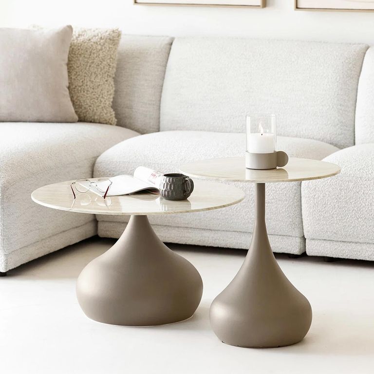 Pienza Coffee Table - Set of 2 - Round - Khaki - Glass and Metal