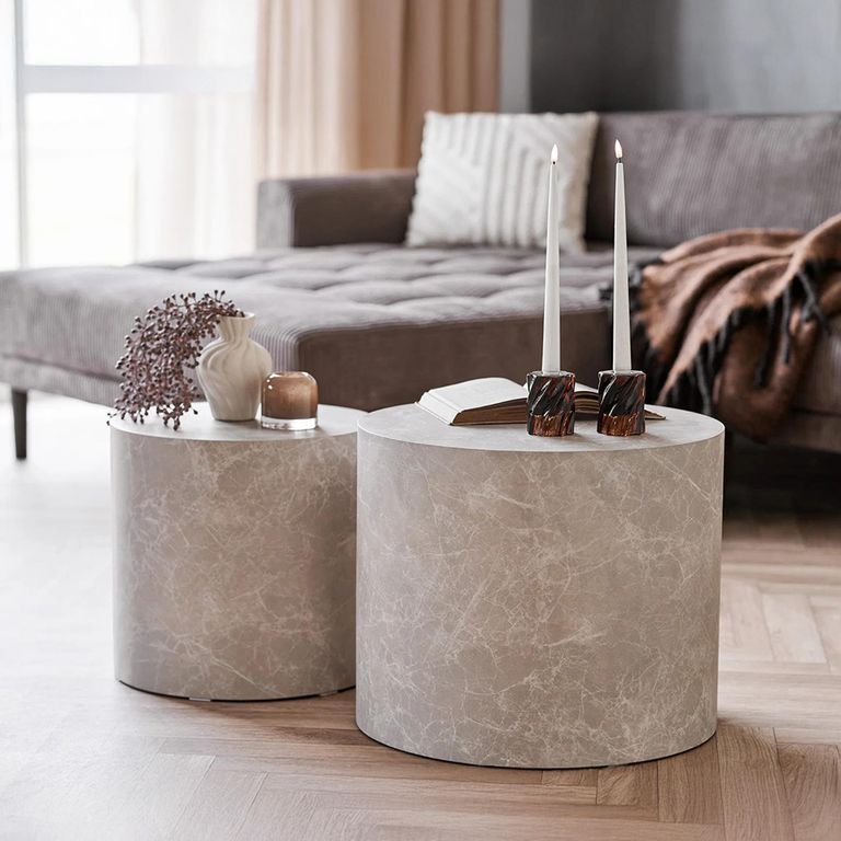 Prague Coffee Table - Set of 2 - Round - Drum Base - Beige - Marble Effect