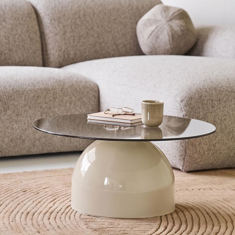 Ravello Coffee Table - Round - Sculptural Base - Grey and Beige - Tempered Glass and Metal