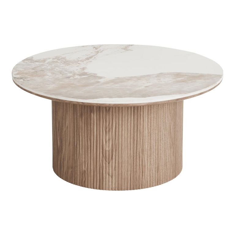 Athens Coffee Table - Round - Fluted Base - White and Brown - Ceramic and Wooden