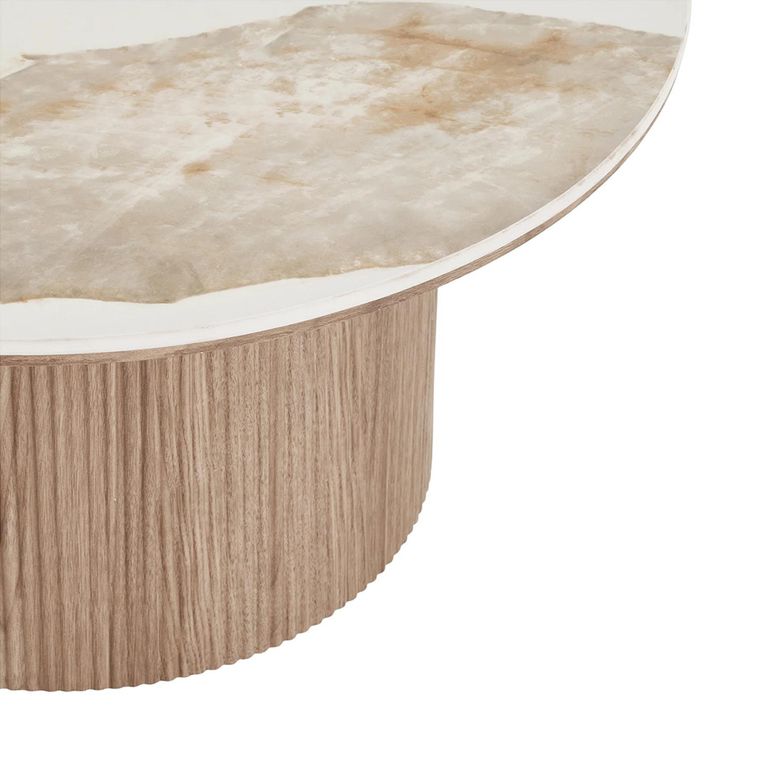 Athens Coffee Table - Round - Fluted Base - White and Brown - Ceramic and Wooden