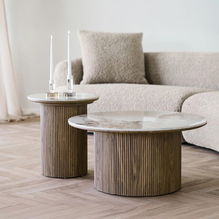 Athens Coffee Table - Round - Fluted Base - White and Brown - Ceramic and Wooden