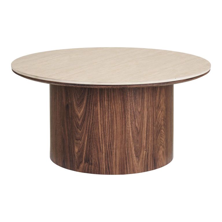 Delphi Coffee Table - Round - Cylindrical Base - Cream and Dark Brown - Ceramic and Wooden
