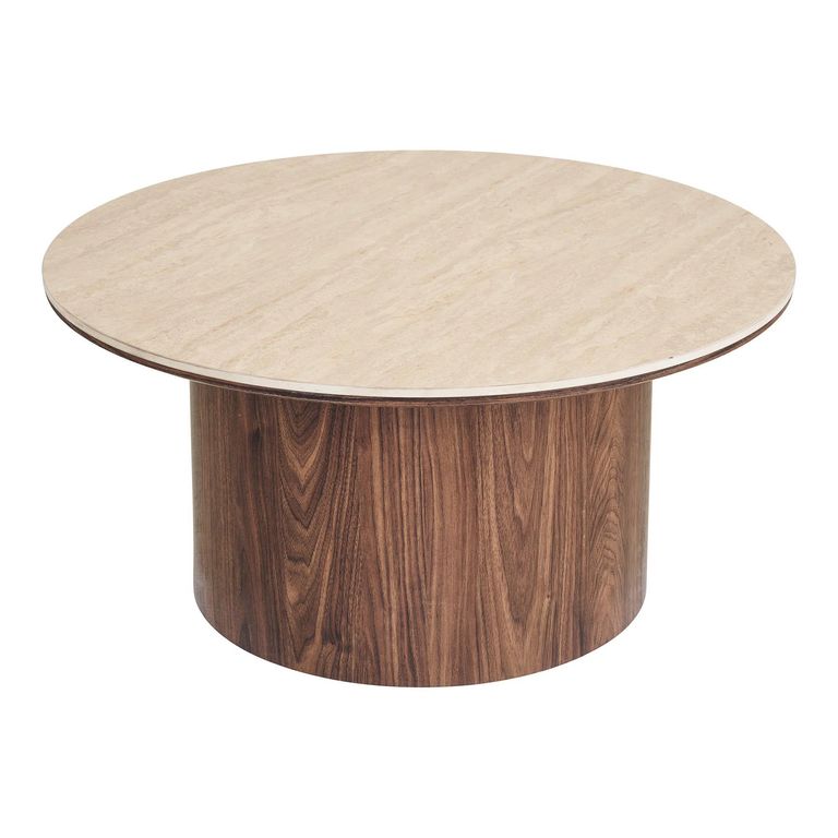 Delphi Coffee Table - Round - Cylindrical Base - Cream and Dark Brown - Ceramic and Wooden