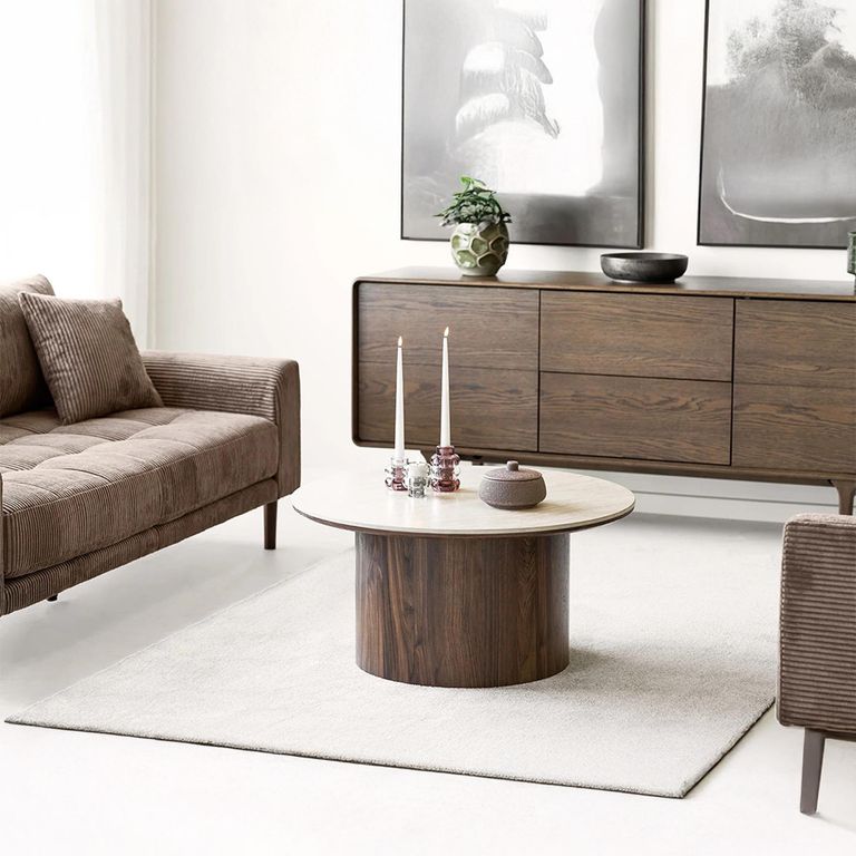 Delphi Coffee Table - Round - Cylindrical Base - Cream and Dark Brown - Ceramic and Wooden