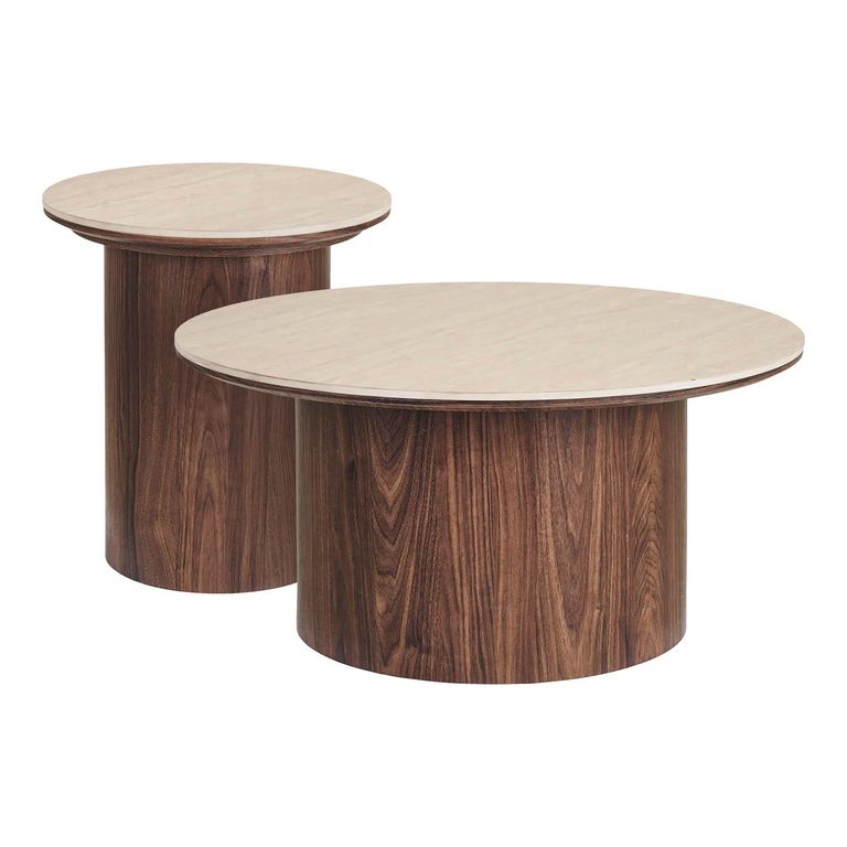 Delphi Coffee Table - Set of 2 - Round - Cylindrical Base - Cream and Dark Brown - Ceramic and Wooden