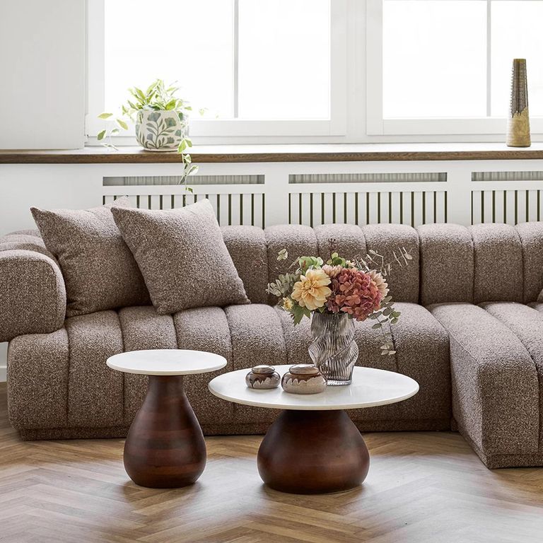 Heide Coffee Table - Round - White and Dark Brown - Marble and Mango Wood