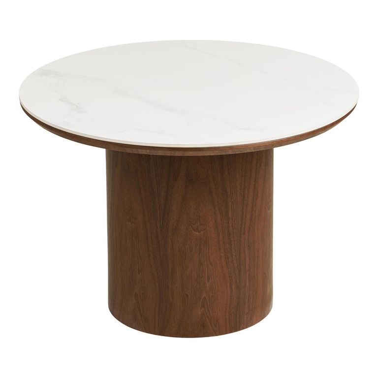 Noli Coffee Table - Round - Cylindrical Base - White and Dark Brown - Ceramic and Wooden