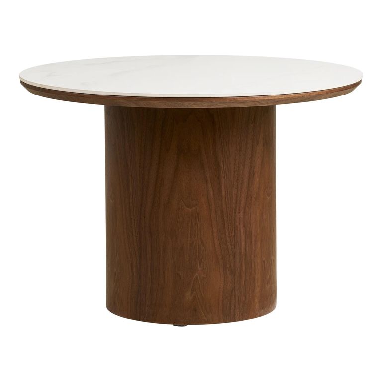 Noli Coffee Table - Round - Cylindrical Base - White and Dark Brown - Ceramic and Wooden