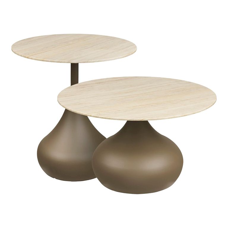 Pienza Coffee Table - Set of 2 - Round - Khaki - Glass and Metal