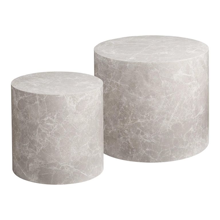 Prague Coffee Table - Set of 2 - Round - Drum Base - Beige - Marble Effect