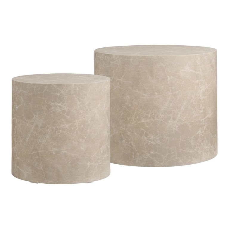 Prague Coffee Table - Set of 2 - Round - Drum Base - Beige - Marble Effect