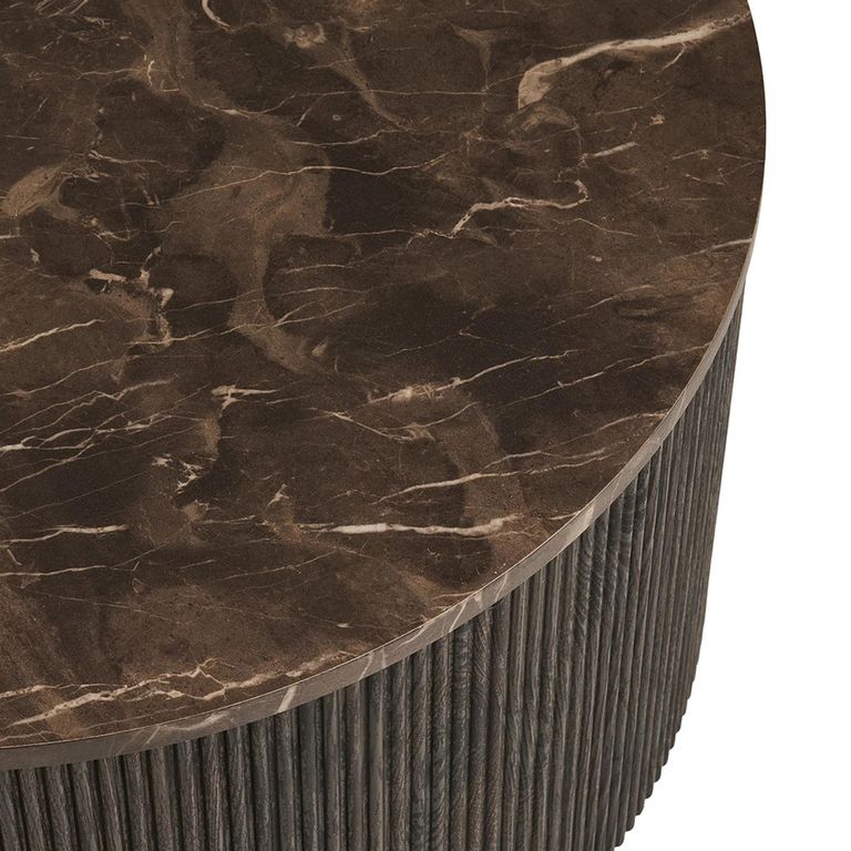Rota Coffee Table - Round - Fluted Base - Dark Brown - Marble Look
