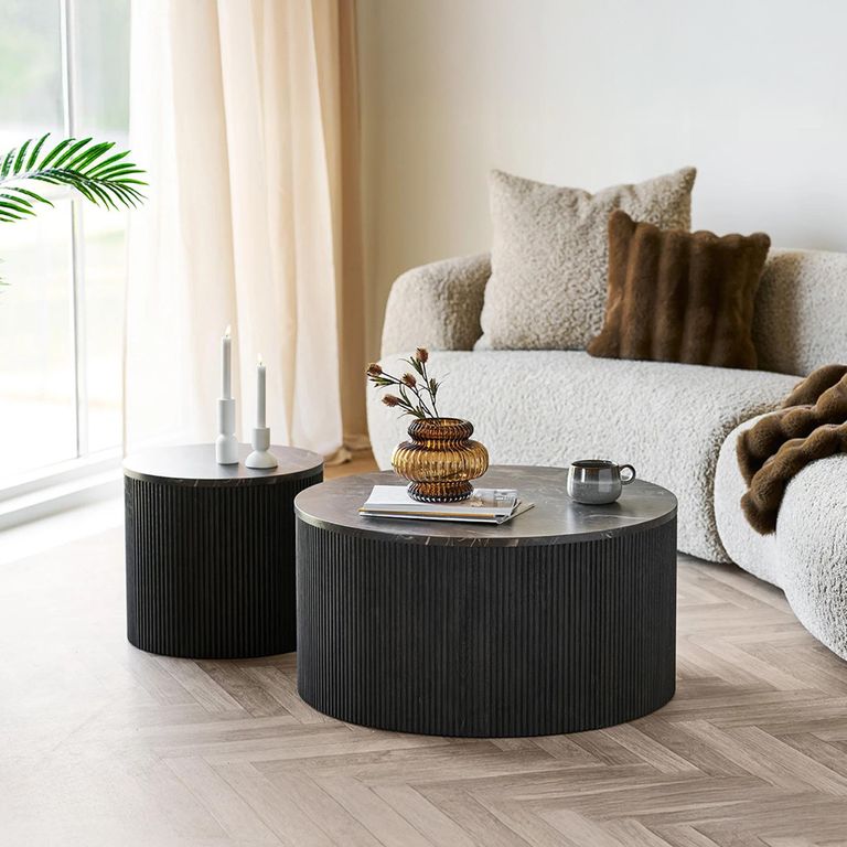 Rota Coffee Table - Round - Fluted Base - Dark Brown - Marble Look