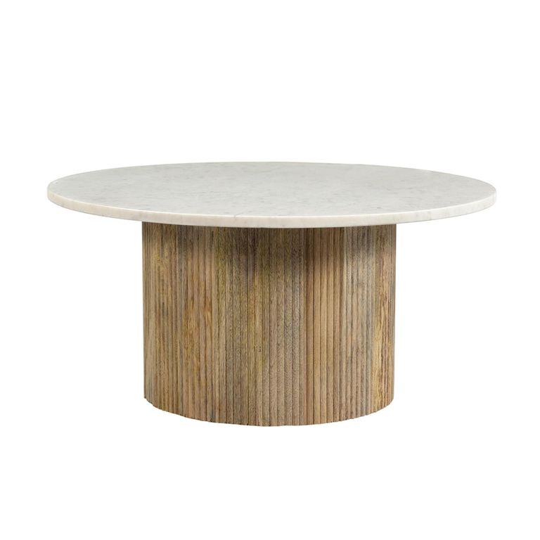 Brix Nova Coffee Table - Round - Fluted Base - White - Marble and Mango Wood
