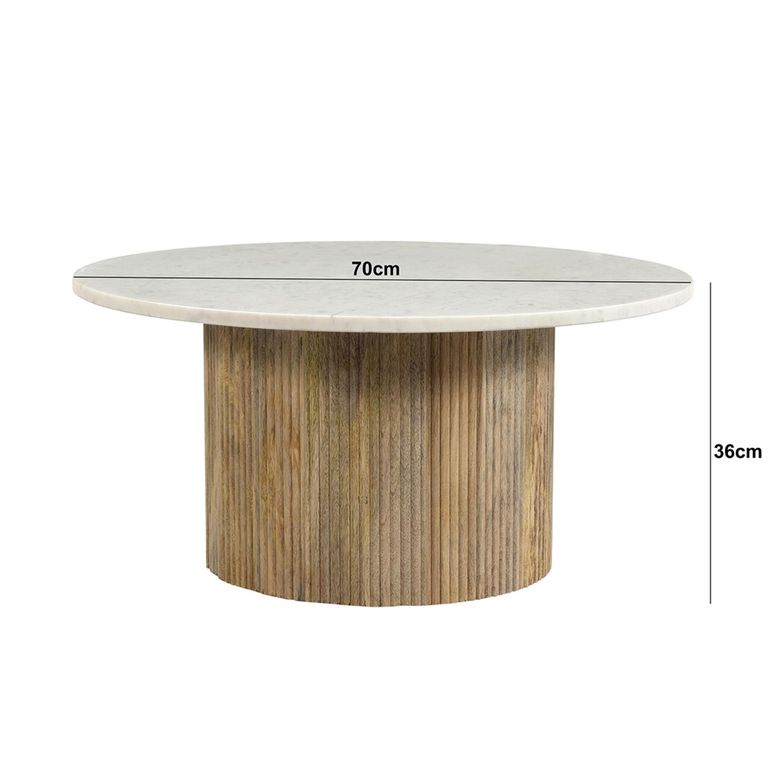 Brix Nova Coffee Table - Round - Fluted Base - White - Marble and Mango Wood