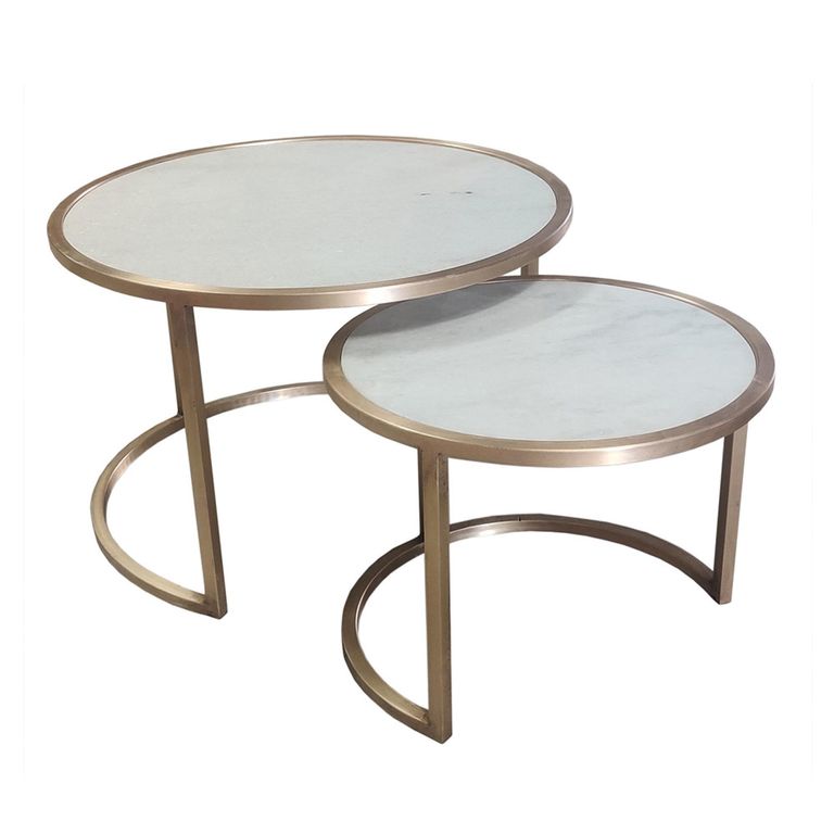 Jamie Coffee Table - Round - 2 Tier - White and Gold - Marble Effect