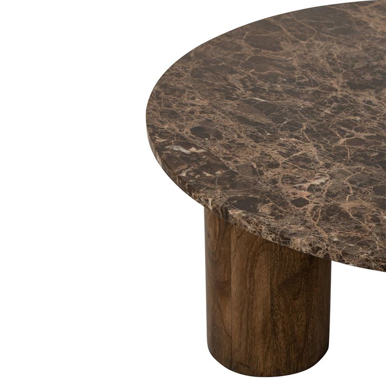 Coffee Table - Round - Chunky Cylindrical Legs - Brown - Marble and Wooden