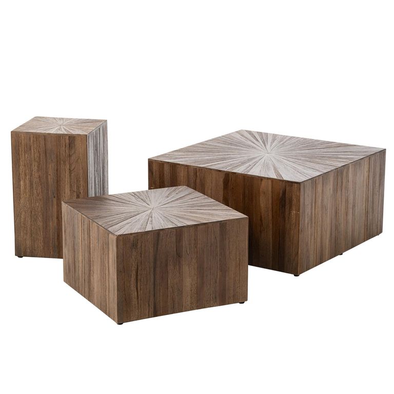 Ray Cube Coffee Table - Set of 3 - Square - Starburst - Dark Brown - Recycled Wood