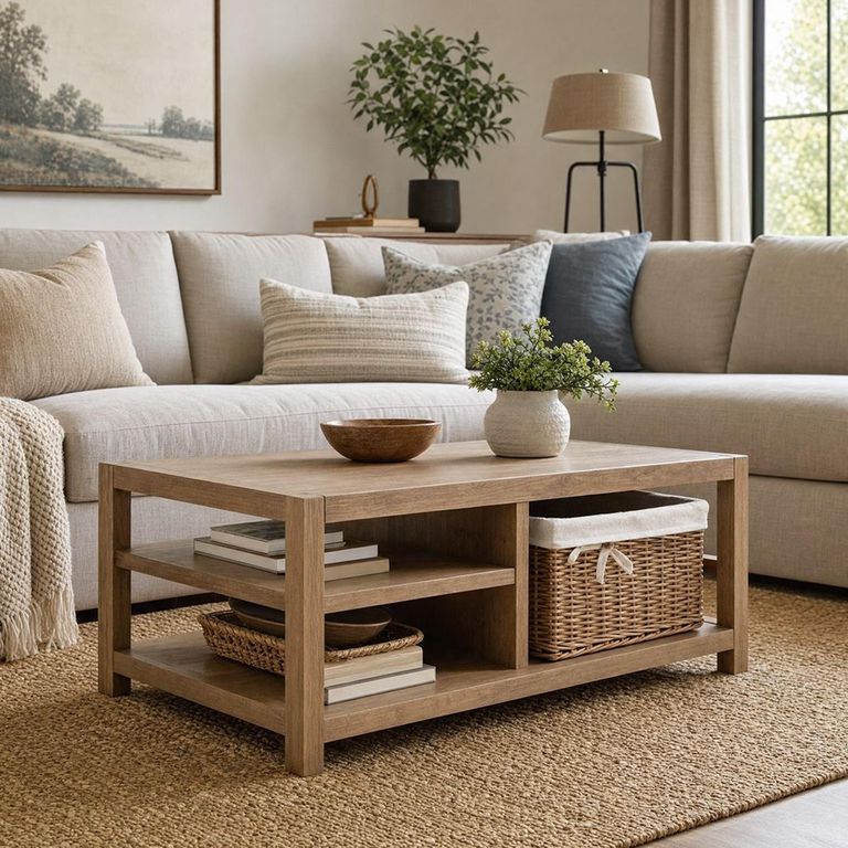 Blois Coffee Table - with Wicker Basket - Natural - Pinewood